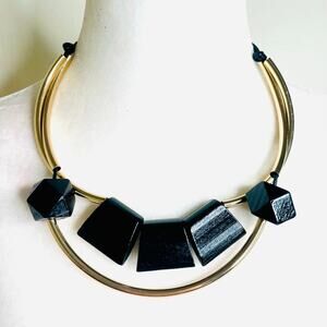 Large Gold Tone Layered Tube Chains Large Black Beads Necklace